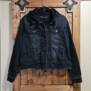 Frank & Stella Distressed Hooded Denim Jacket 1X